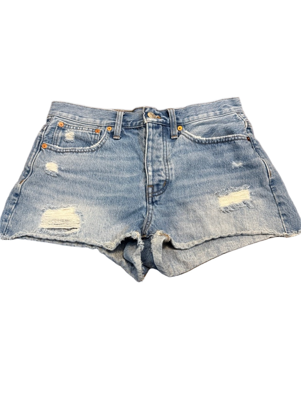 Madewell Button Fly Relaxed Light Blue Distressed Denim Raw Hem Denim Shorts 26